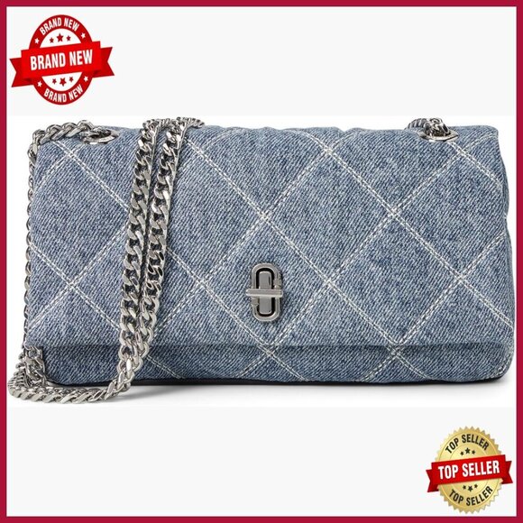 Handbags - Quilted Denim Mini Bag with Adjustable Chain Strap, Turn-Lock Closure